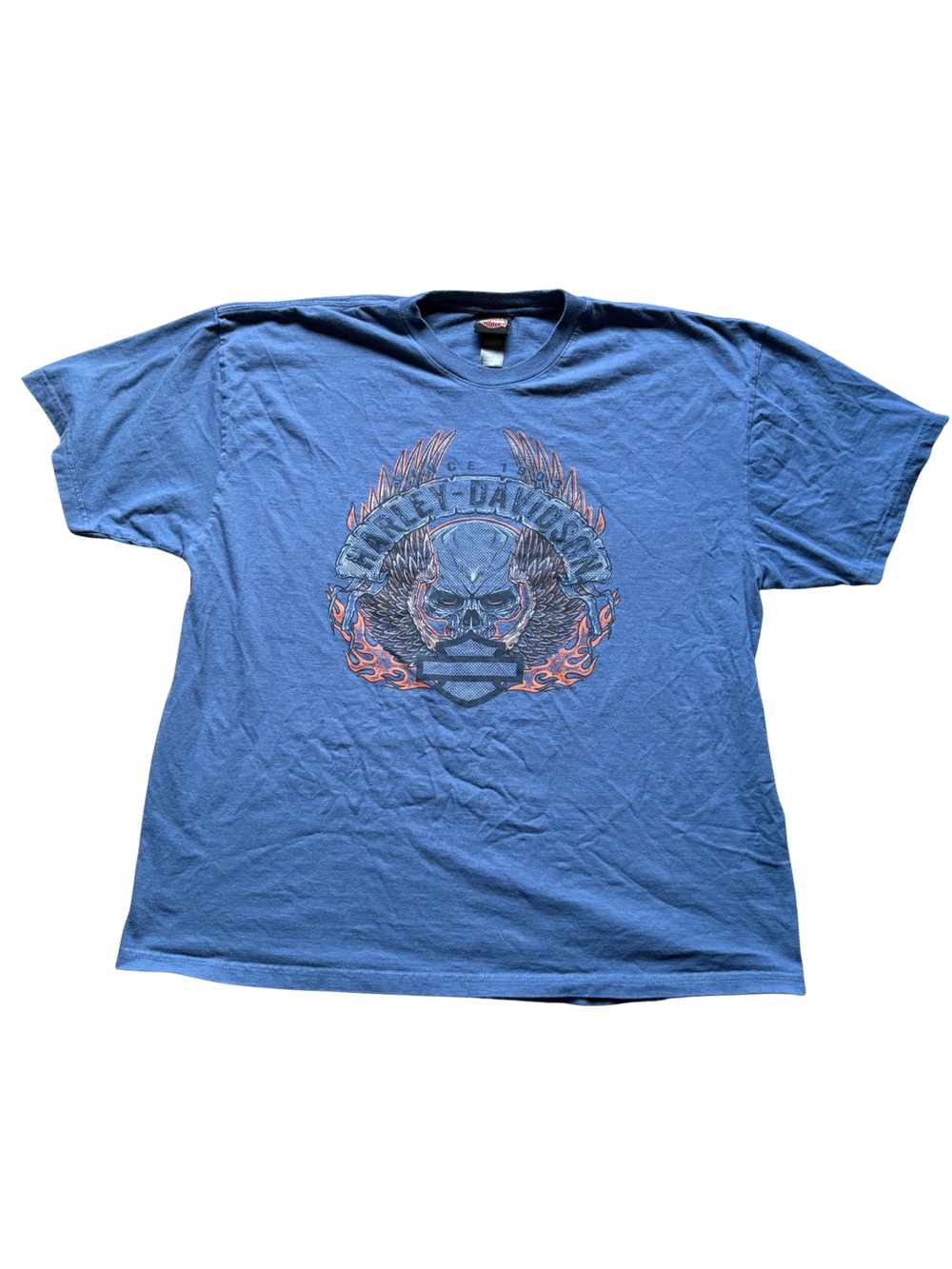 Harley-Davidson Blue Tee with Skull & Flame Graphic